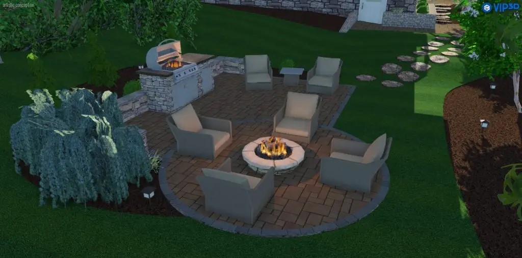 3D rendered hardscape design in wooded setting