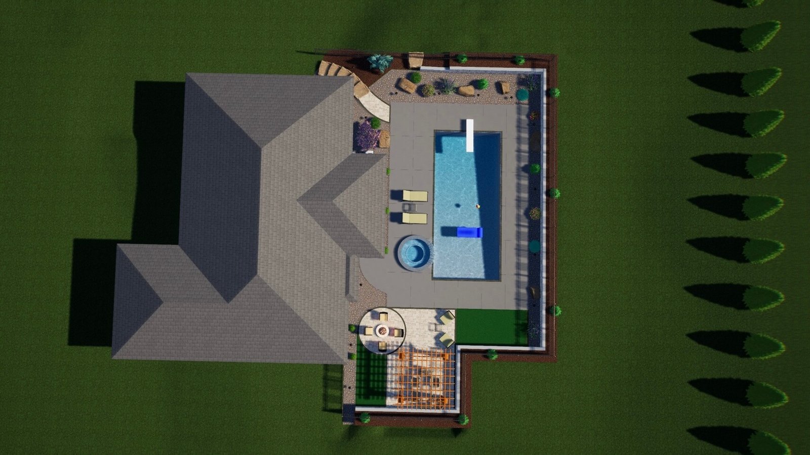 3D poolside oasis hardscape design render Western NC