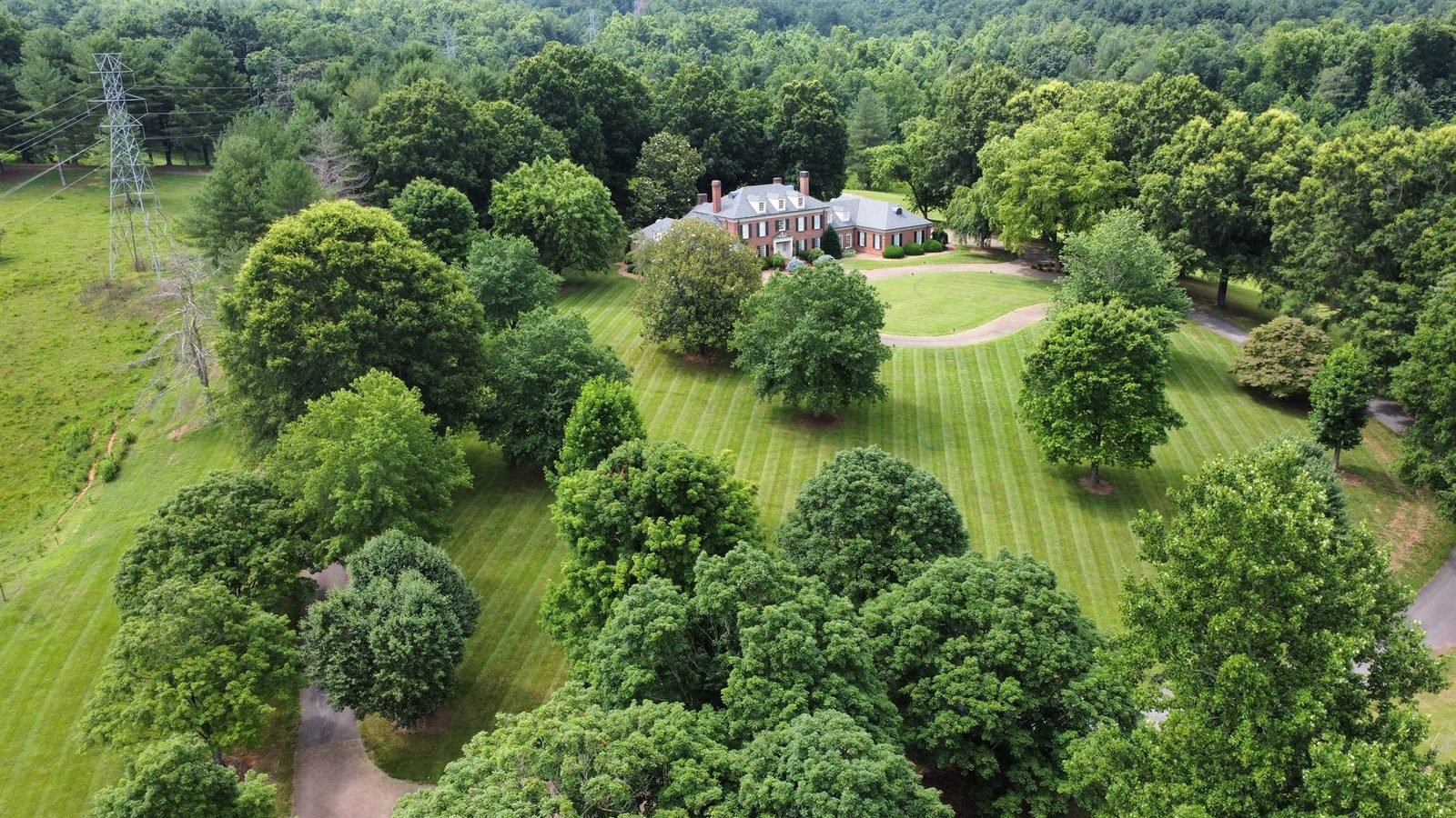 Aerial view of manicured estate lawn Western NC