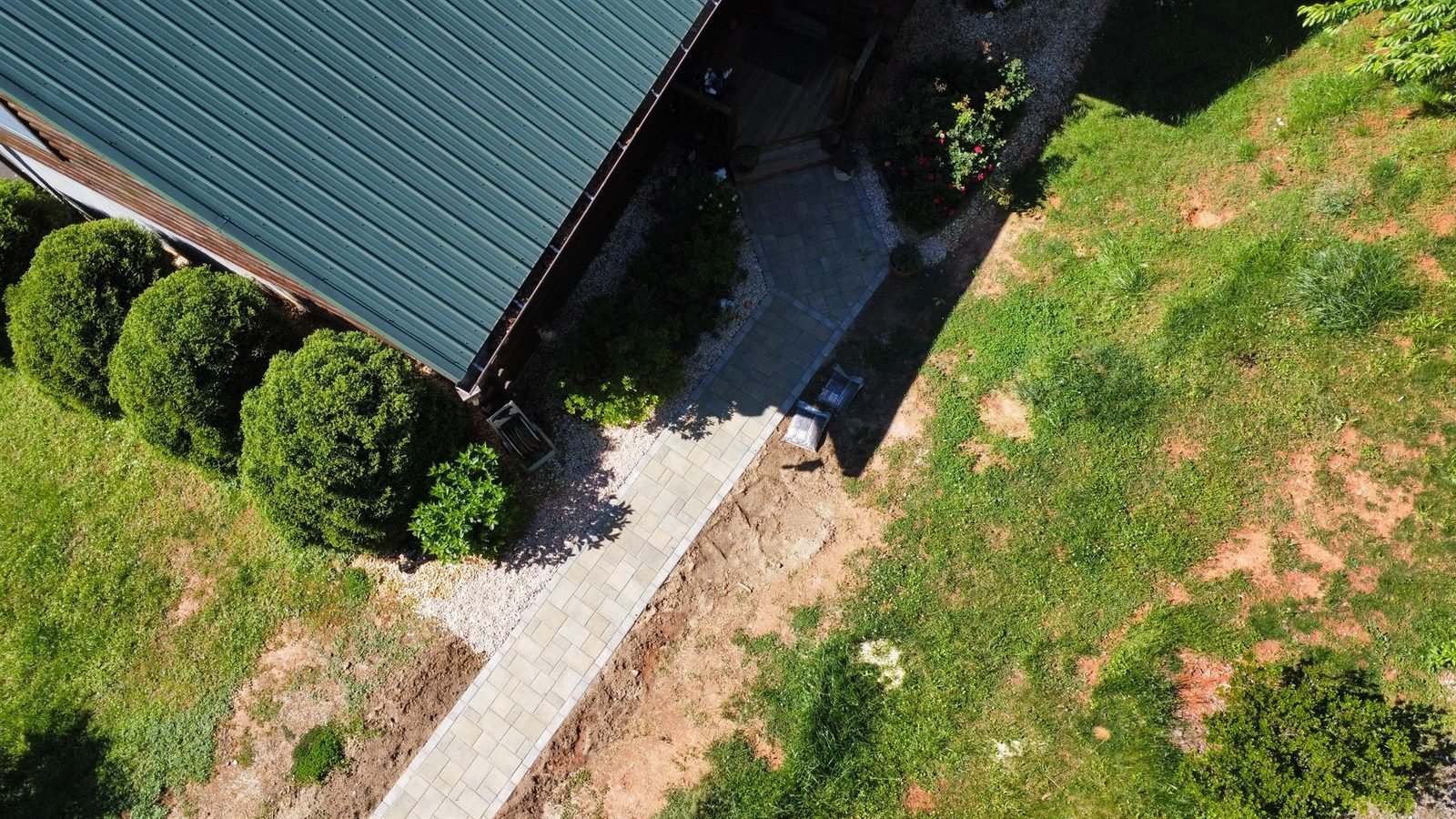 Aerial view of paver walkway and landscaping Western NC