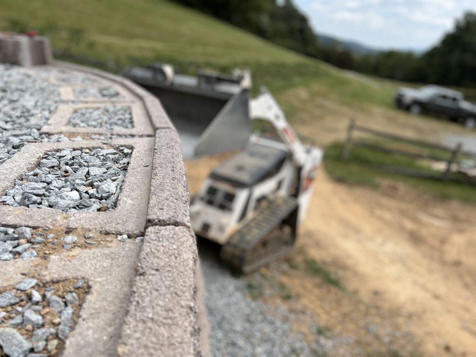 Paver patio gravel joint detail with mountain view Western NC